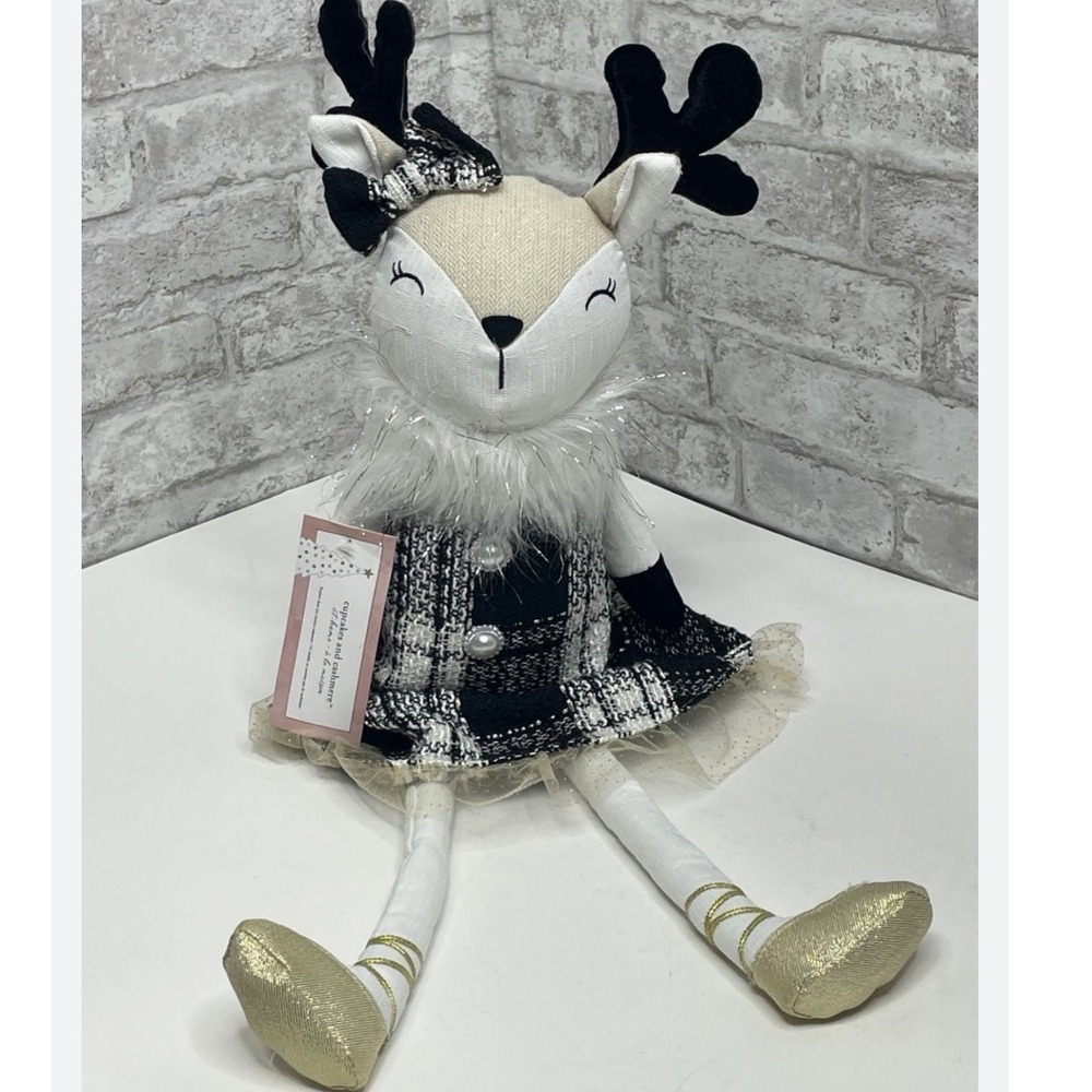 Cupcakes and Cashmere Reindeer Plush Holiday Decor Black White Tweed Gold